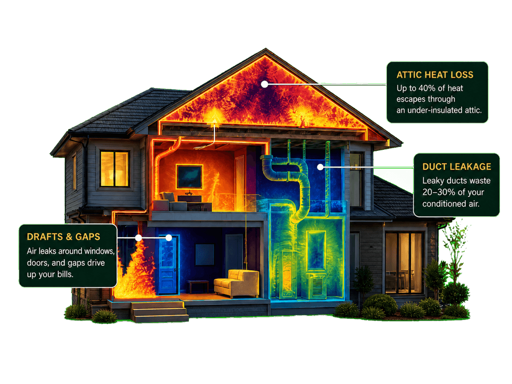 Thermal diagram of a home showing attic heat loss, duct leakage, and drafts and gaps with callouts.