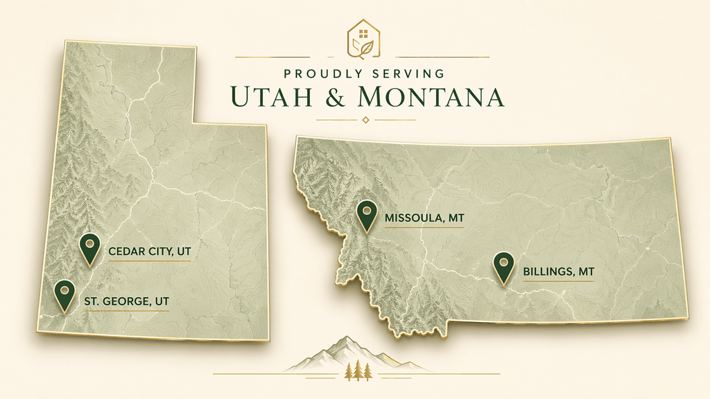 Illustrated map of Utah and Montana service areas with Cedar City, St. George, Missoula, and Billings pinned.