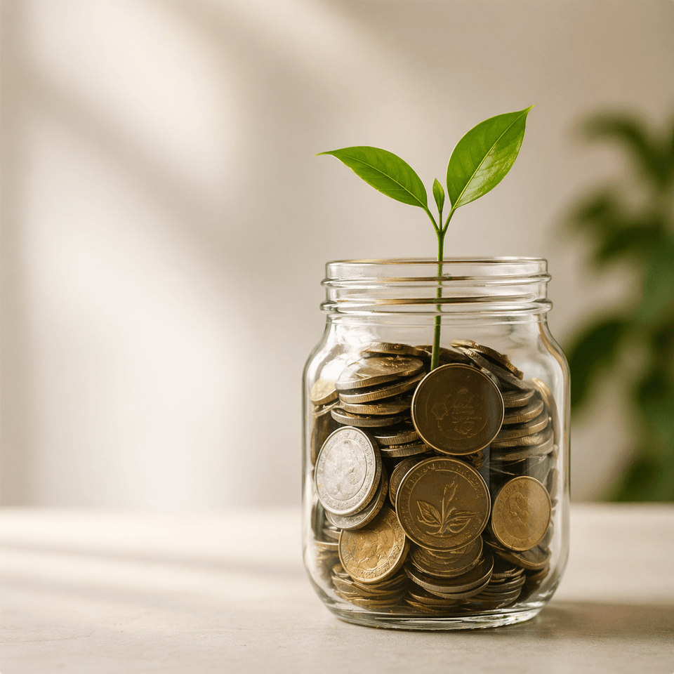 Jar of coins with a growing sprout, symbolizing savings.